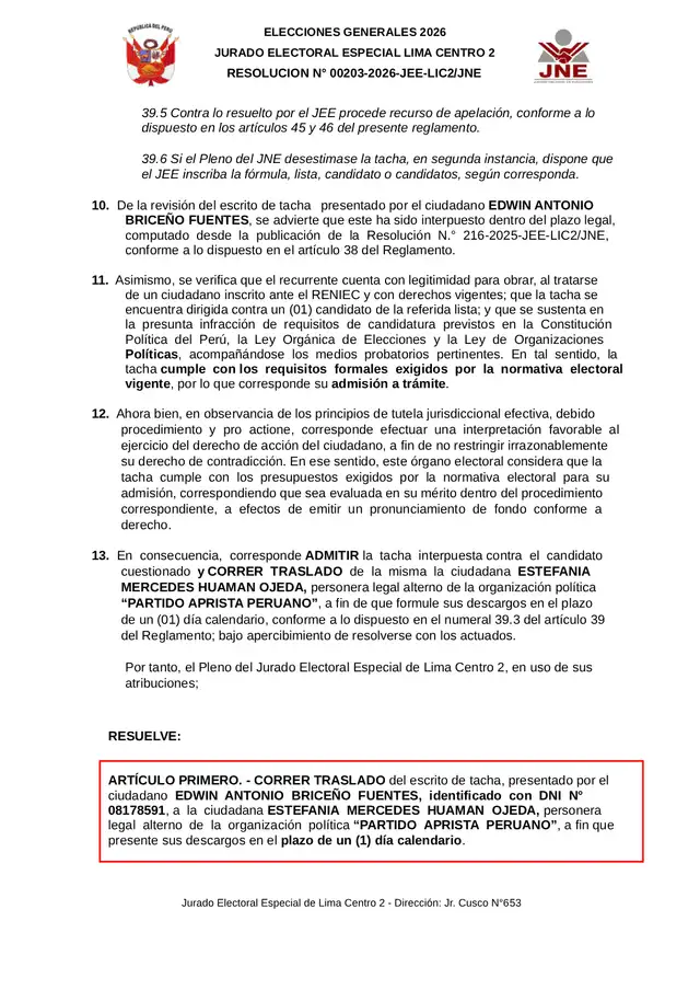  JEE de Lima Centro 2 admitió tacha contra lista de senadores del APRA 