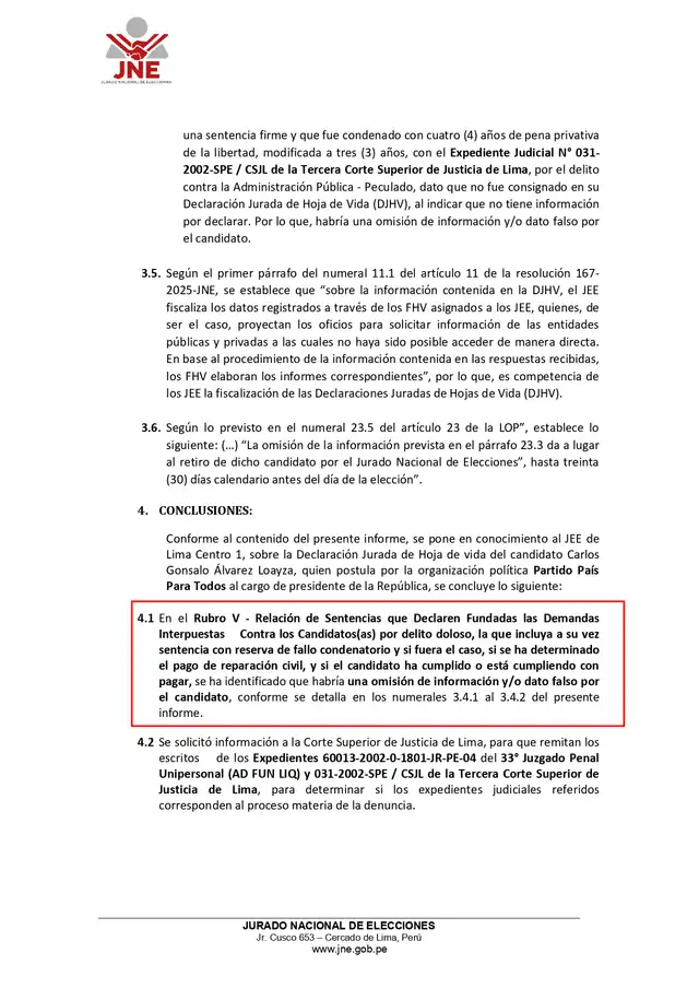  Conclusión del JEE Lima Centro 1 sobre candidatura de Carlos Álvarez   