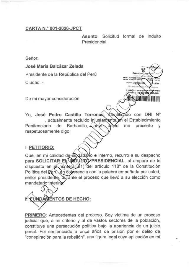 Pedro Castillo presentó el escrito solicitando el indulto presidencial. Foto: La República.   