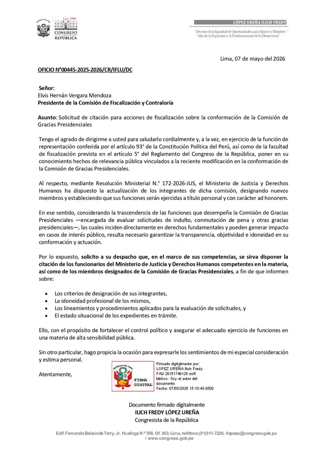 Oficio enviado a la Comisión de Fiscalización