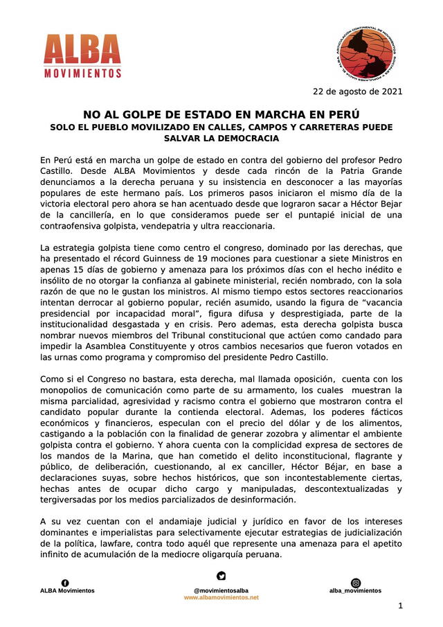 Pronunciamiento sobre la situación en Perú y el Ejecutivo que lidera Pedro Castillo. Foto: ALBA Movimientos