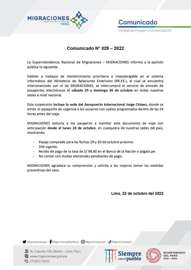 Comunicado de Migraciones.