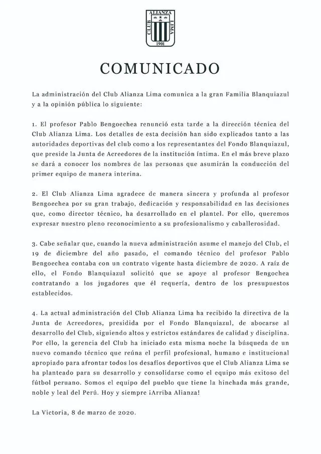 Comunicado de Alianza Lima anunciando la salida de Bengoechea. Foto: Prensa Alianza Lima