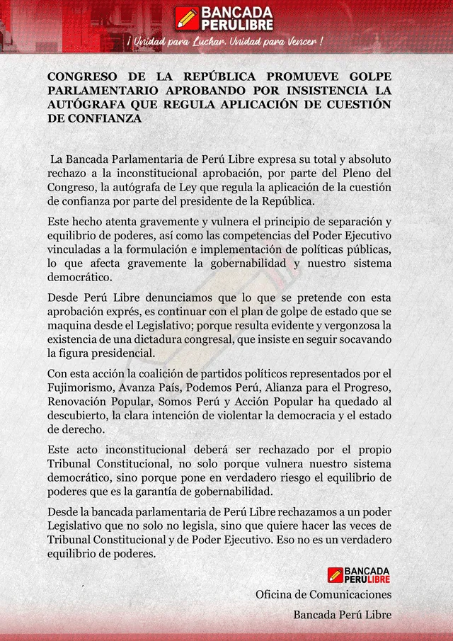 Comunicado de Perú Libre. Foto: Oficina de Comunicaciones