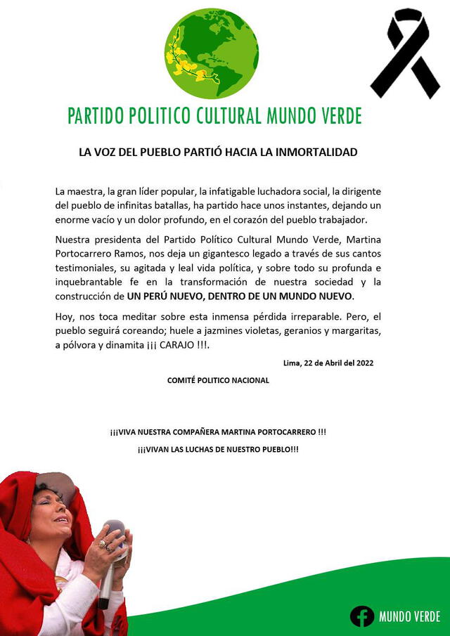 El Partido Político Cultural Mundo Verde se pronunció ante el fallecimiento de Martina Portocarrero.