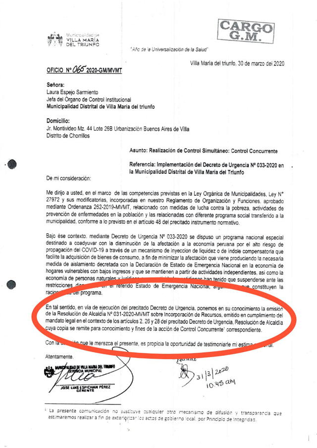 Documento remitido al Órgano de Control Institucional de esa municipalidad.