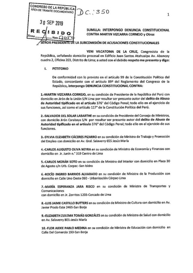 Documento presentado por Vilcatoma de la Cruz.