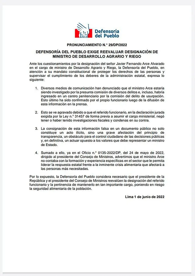 Comunicado solicita al presidente y al primer ministro tomar cartas en el asunto. Foto: Defensoría del Pueblo/Twitter