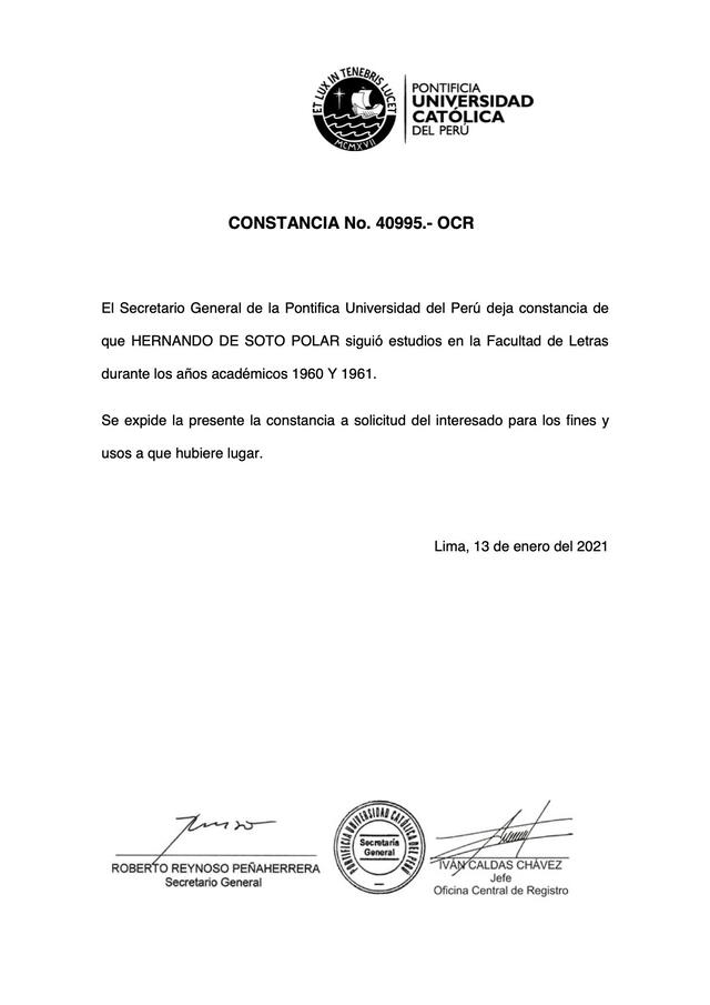 Constancia de Hernando de Soto de llevar cursos en la PUCP