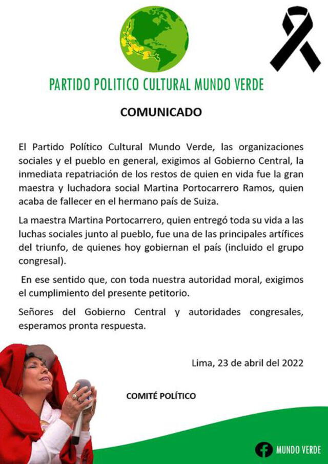 El Partido Político Cultural Mundo Verde exige los restos de Martina Portocarrero.