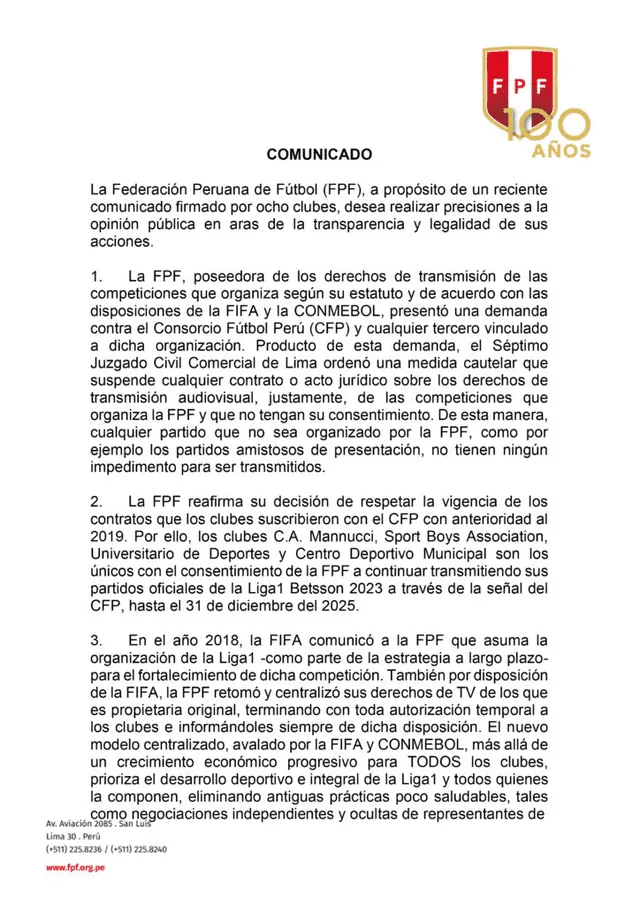 Comunicado de la FPF, parte 1. Foto: FPF