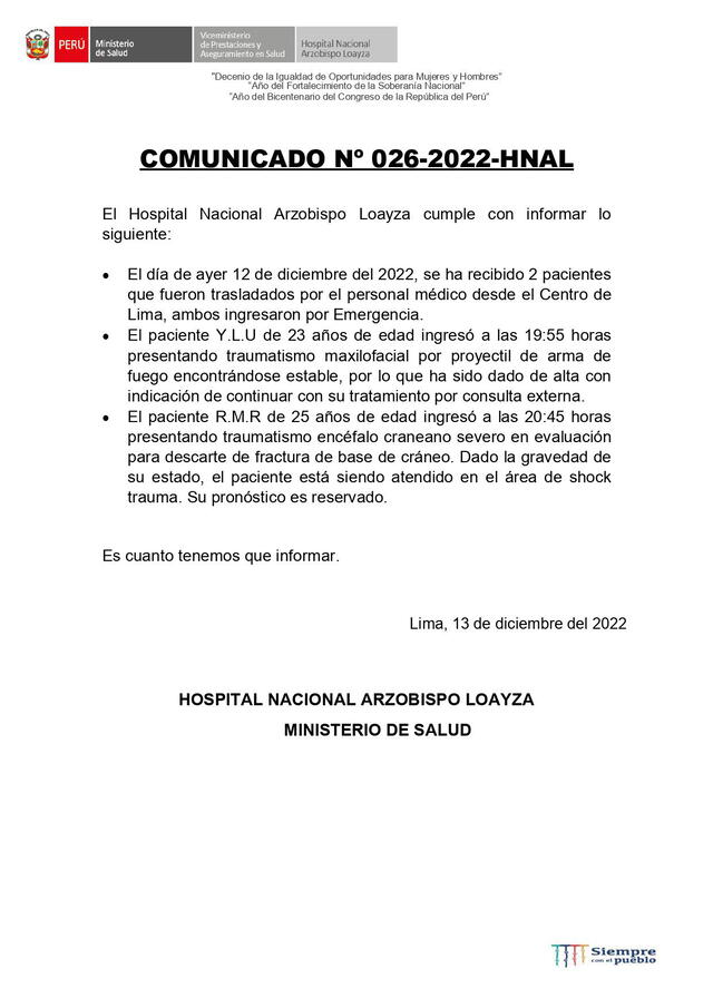 Pronunciamiento del último martes 13 de diciembre en horas de la madrugada del Hospital Arzobispo Loayza