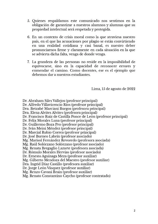 Pronunciamiento final de los docentes de la PUCP por el caso del exmagistrado del TC. Foto: documento.