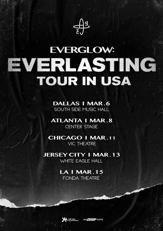 Cronograma de presentaciones de EVERGLOW para su tour en Estados Unidos.