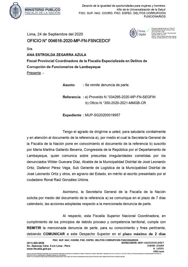 Fiscalía de la Nación envió documento a fiscal de Lambayeque.