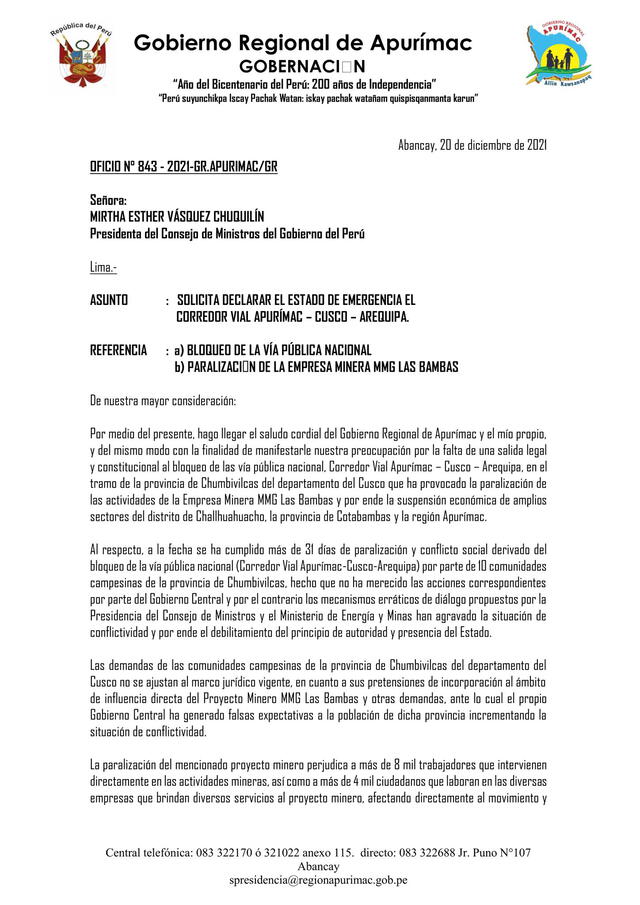 Gobernador de Apurímac pide a PCM declarar en estado de emergencia el corredor minero