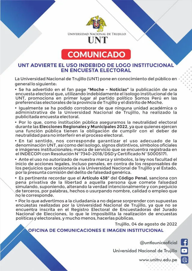 Comunicado de la Universidad de Trujillo, 4 de agosto de 2022. Foto: Captura LR/Facebook