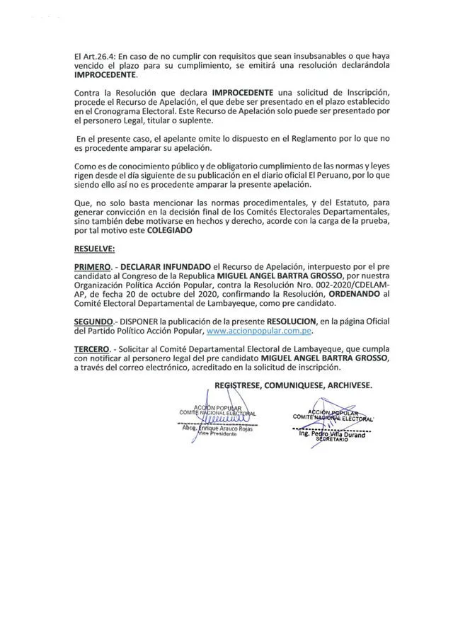 Resolución ante recurso de apelación de Miguel Ángel Bartra.