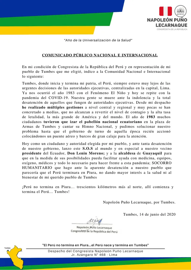 Comunicado del congresista Napoleón Puño