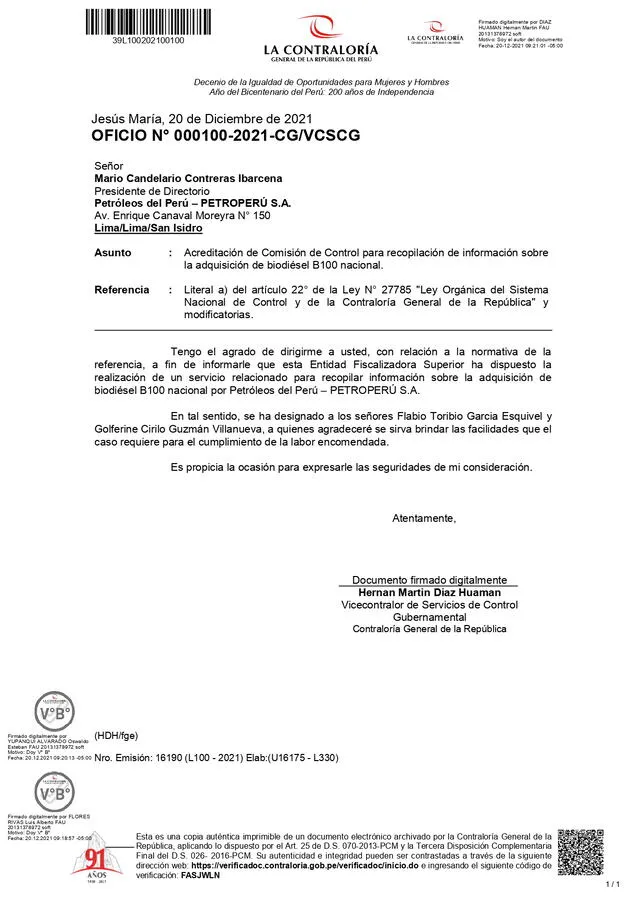 Oficio de Contraloría. Foto: Twitter