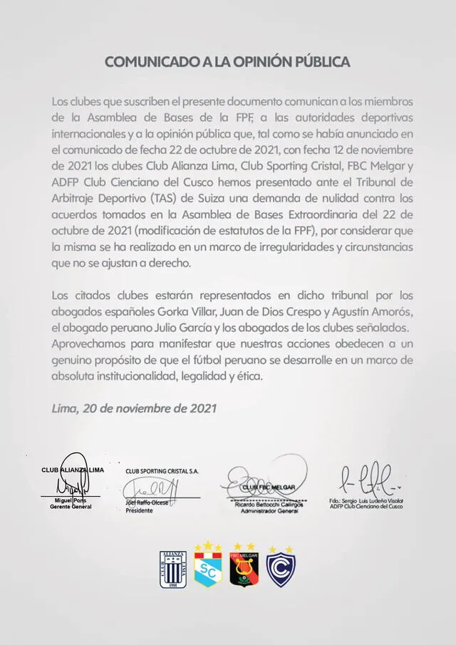 Alianza Lima, Cristal, Melgar y Cienciano se pronunciaron en un comunicado en conjunto. Foto: Alianza Lima.