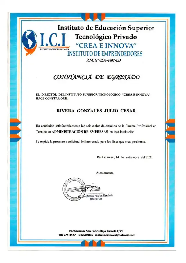 Constancia de Estudio como Técnico de Administración de Enpresas de Julio Rivera. Constancia de Estudio como Técnico de Administración de Enpresas de Julio Rivera.