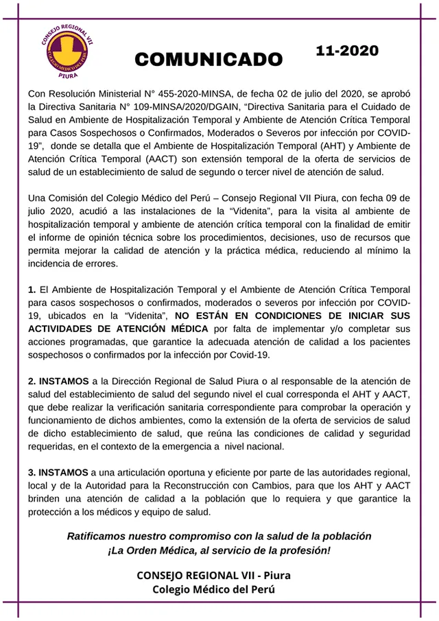 Informe del Colegio Médico de Piura.