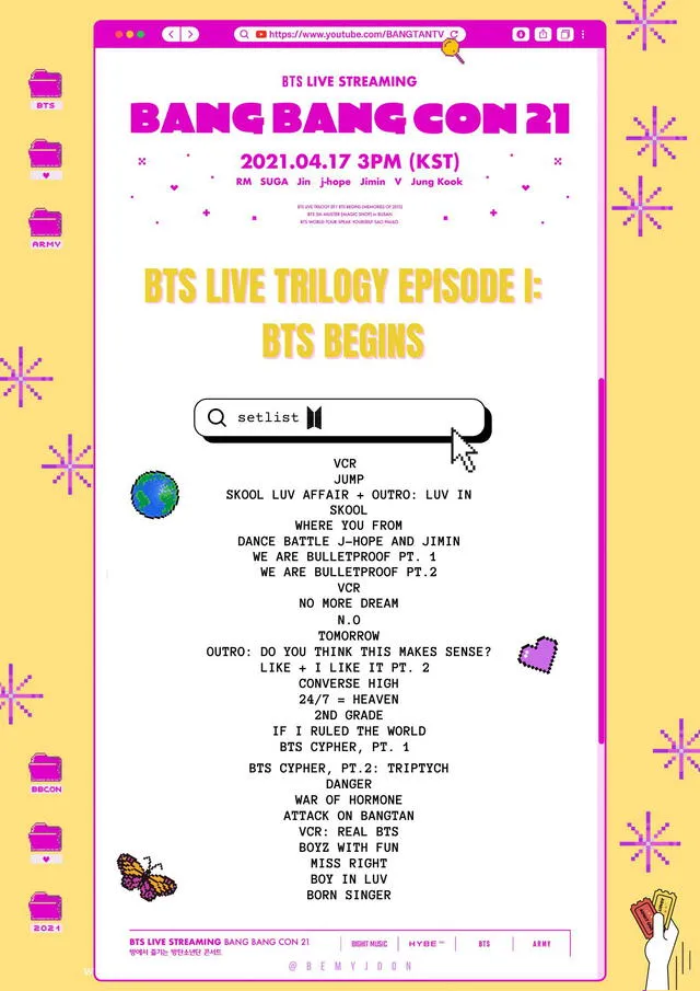 Lineup del BANG BANG CON 21: BTS Live trilogy episodi I: BTS Begins. Foto: HYBE