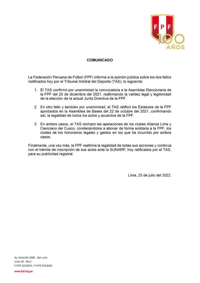 El TAS rechazó los reclamos contra la Junta Directiva y los estatutos. Foto: FPF