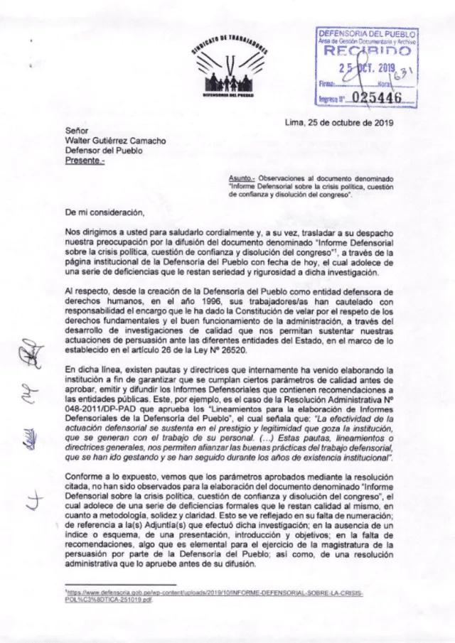 Carta del sindicato al defensor.