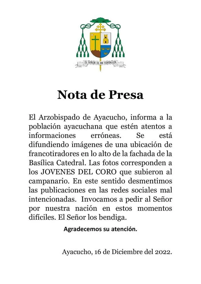 Arzobispado de Ayacucho desmintió fake news. Foto: Arzobispado de Ayacucho