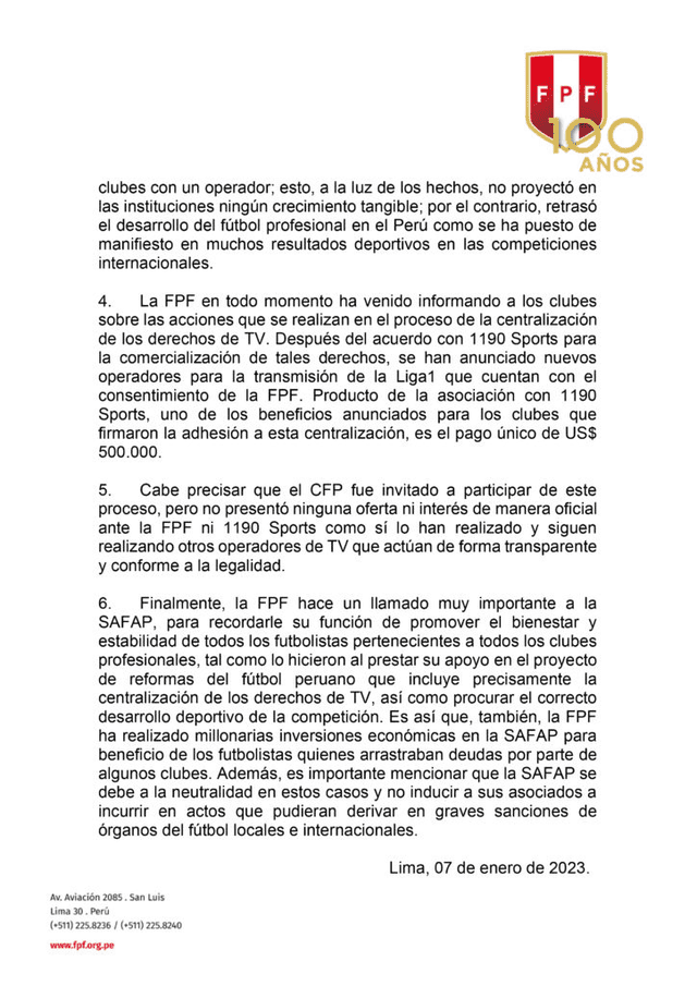 Comunicado de la FPF, parte 2. Foto: FPF