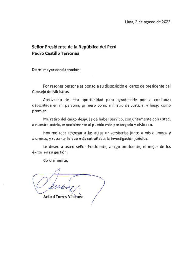 A través de esta carta, el primer ministro puso a disposición su cargo. Foto: Twitter/Aníbal Torres
