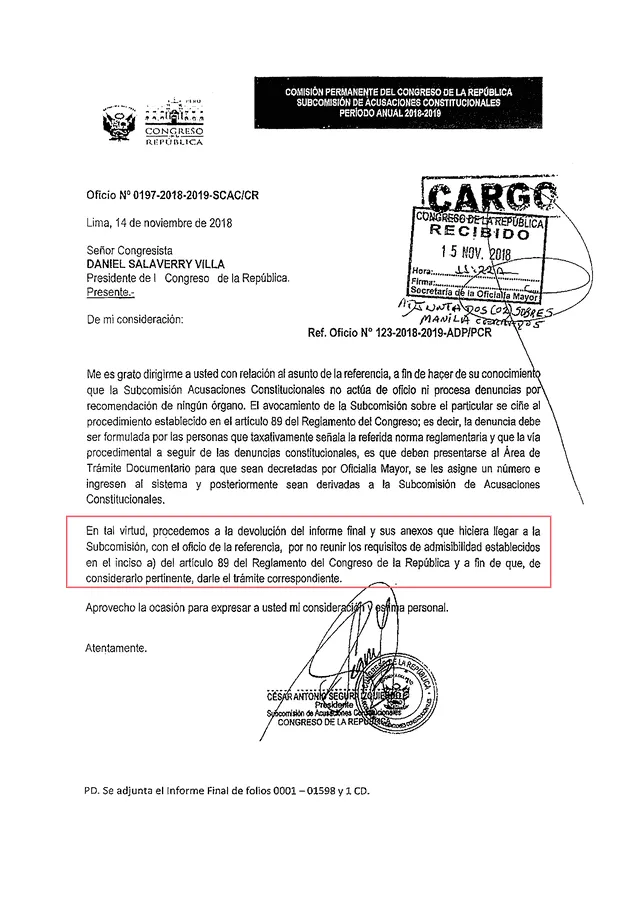 En noviembre del 2018, César Segura devolvió el expediente al no seguirse el procedimiento de ingreso y acusación.