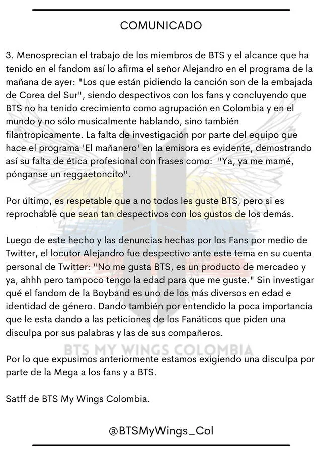 Comunicado de ARMY sobre los comentarios xenófobos de La Mega de Colombia. Foto: captura Twitter