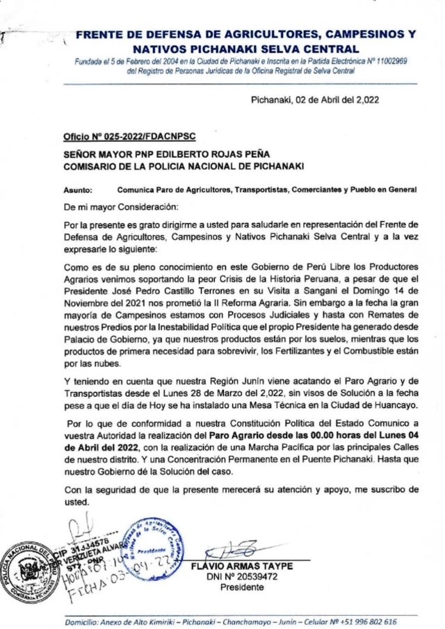 Comunicado del frente de agricultores de Pichanaki