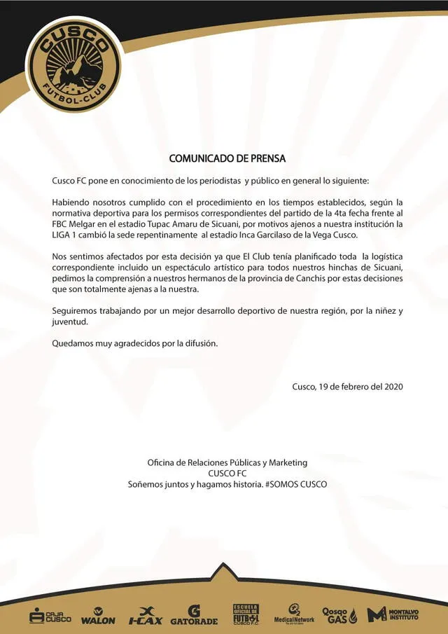 Cusco FC anuncia que partido frente a Melgar ya no será en Sicuani.