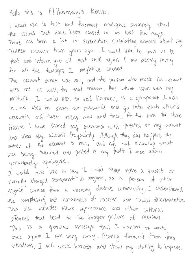Carta de Keeho, integrante de P1Harmony. Foto: FNC
