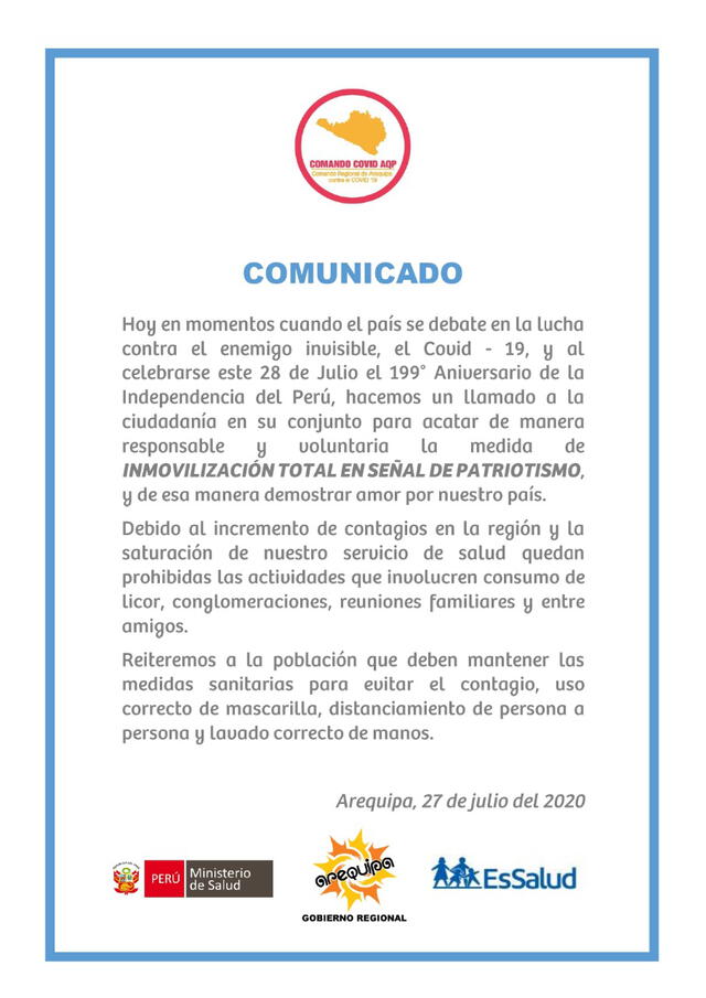 Comunicado de Comando COVID-19 de Arequipa.