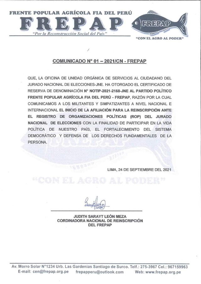 Comunicado del Frepap.