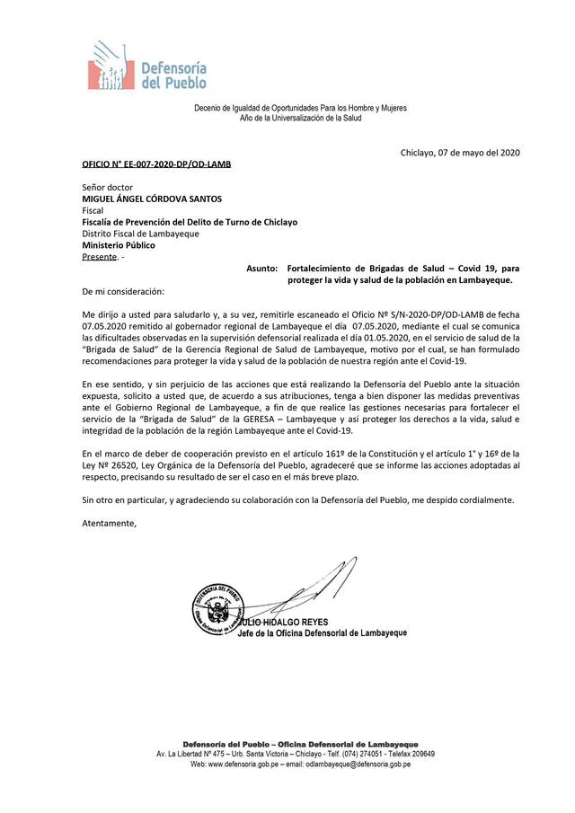 Oficio enviado por la Defensoría del Pueblo al Ministerio Público.