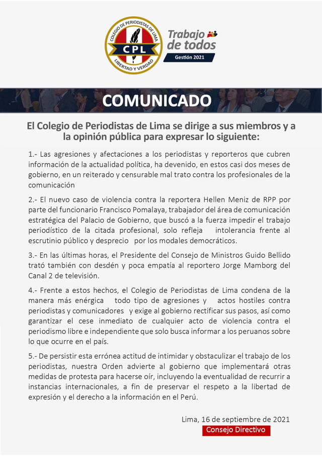 Comunicado de la CPL.