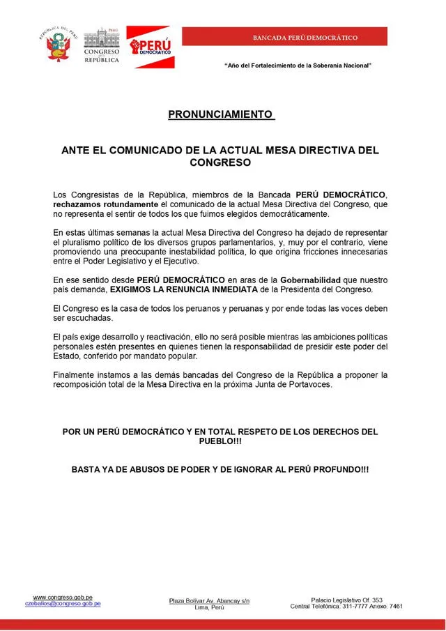 Perú Democrático pide la renuncia de María del Carmen Alva. Foto: documento