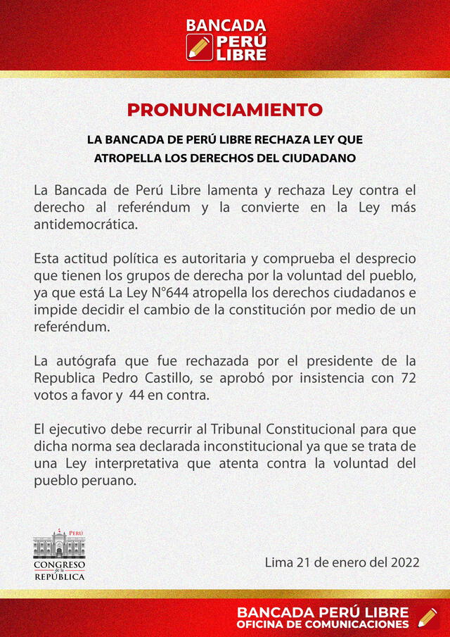 Comunicado de Perú Libre tras aprobación vía insistencia de ley que limita referéndum. Foto: Captura de Twitter