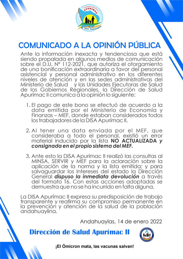 Comunicado Dirección de Salud Apurímac II sobre bonos COVID-19. Foto: Disa II
