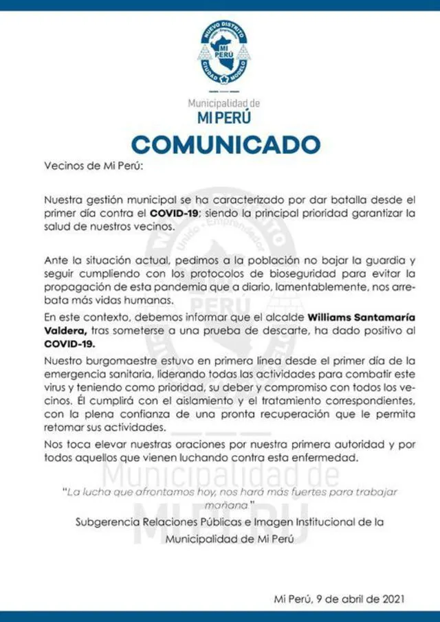 Comunicado de la Municipalidad de Mi Perú informó sobre el contagio del alcalde de esa jurisdicción. Foto: Difusión