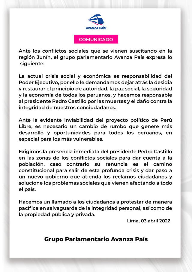 Bancada de oposición pide presencia del presidente Castillo en Huancayo. Foto: Twitter de Avanza País