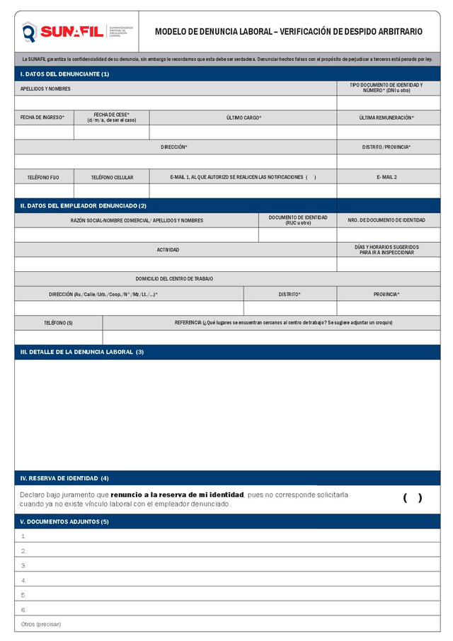 Modelo de denuncia ante Sunafil