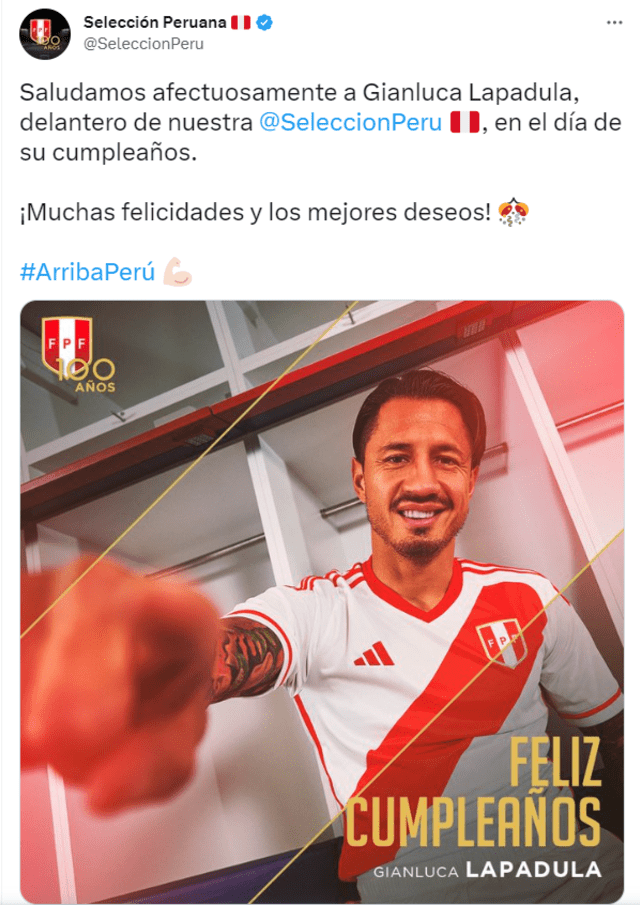 La Selección Peruana mandó un mensaje afectuoso al delantero Gianluca Lapadula por su cumpleaños. Crédito: captura de Twitter/@SeleccionPeru   