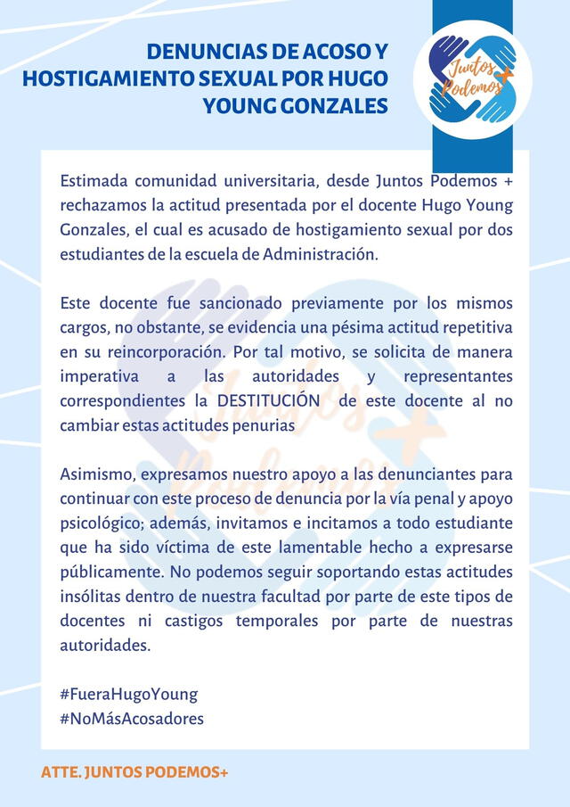  San Marcos: denuncian acoso sexual por parte de docente. Foto: Facebook/Juntos Podemos +   